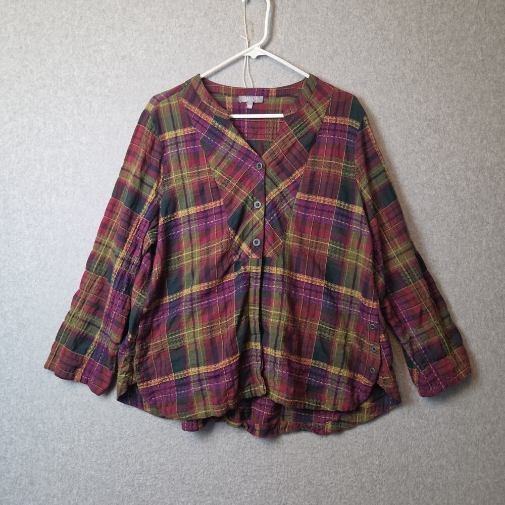 Habitat Forest Windowpane Plaid LS Button Up Jacquard Shirt Women's Lrg Stretch